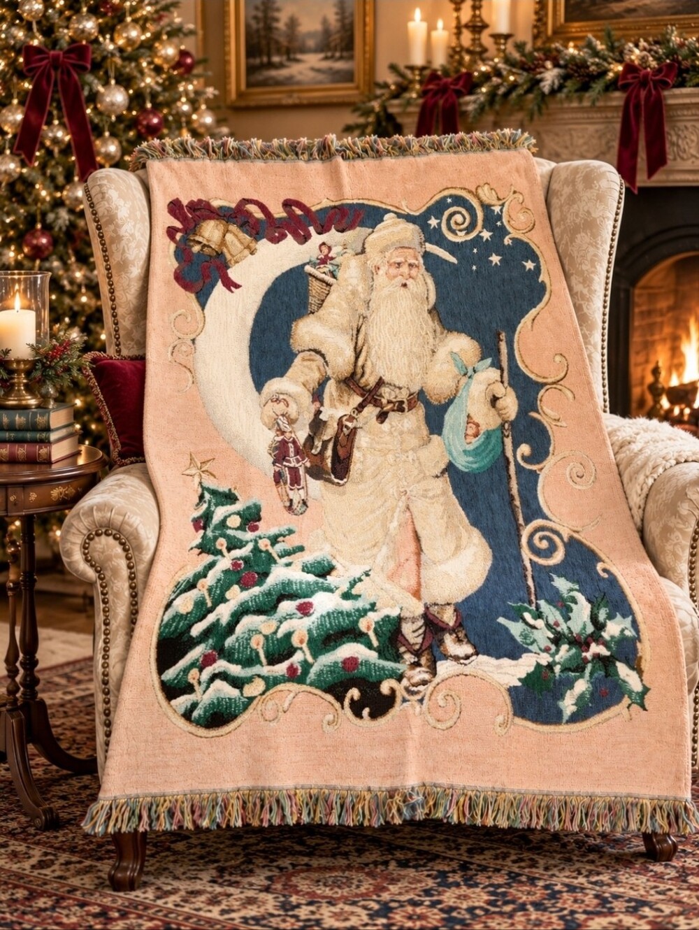 NWT Vintage Manual Woodworkers & Weavers Victorian Santa Chenille Tapestry USA